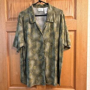 Vtg Kathie Lee Women’s Button Up Top Olive Green Floral Hawaiian Style 22W 24W